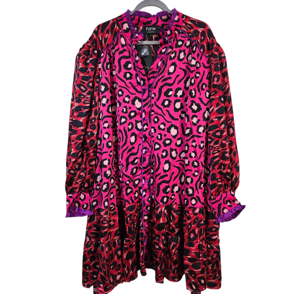 Fate Pink & Red Leopard Print Long Sleeve Dress 2X